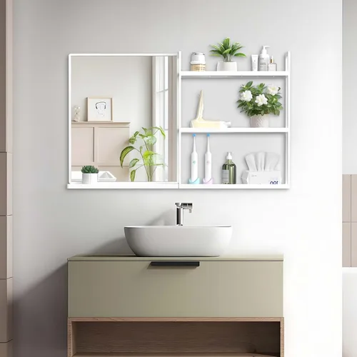 Miniatura 20 de Espejo de baño con estante, espejo de pared rectangular negro, marco de metal, colgante horizontal o vertical (24 x 20 pulgadas)