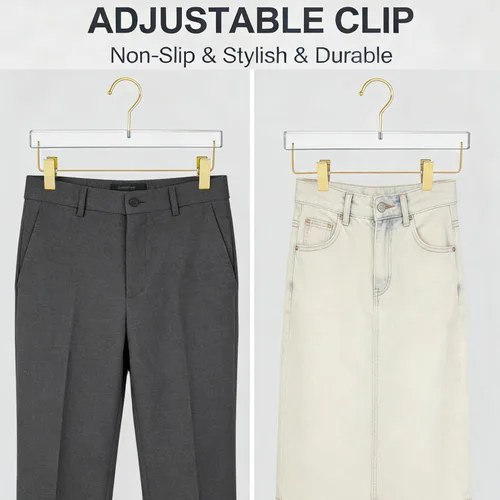 Miniatura 4 de Besser - Perchas acrílicas doradas, paquete de 10 perchas transparentes con gancho dorado, lujosas perchas para faldas y pantalones, clips