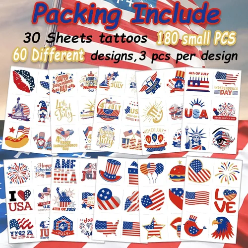 Miniatura 2 de Tatuajes del 4 de julio para niños, 180 tatuajes temporales individuales del 4 de julio, bandera estadounidense patriótica, rojo, blanco y azul