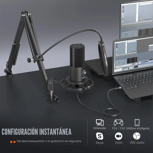 Miniatura 5 de FIFINE Micrófono USB de condensador de estudio, kit de micrófono para computadora con brazo de brazo ajustable, soporte de choque para instrumentos