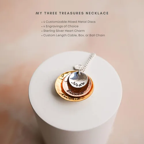 Miniatura 3 de My Three Treasures - Collar con dije personalizado con discos chapados en plata 925, oro y oro rosa. Personalizado con cualquier palabra o nombre