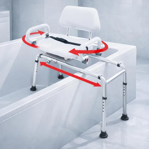 Miniatura 11 de Banco de transferencia deslizable con asiento giratorio. Silla premium para tina y ducha, acolchada con apoyabrazos giratorios Diseño ahorrador