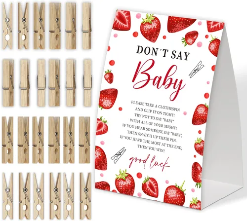 Juego de bebé de fresa con texto en inglés "Don't Say Baby Show", paquete de un letrero de 5 x 7 pulgadas y 50 mini pinzas naturales para la ropa,