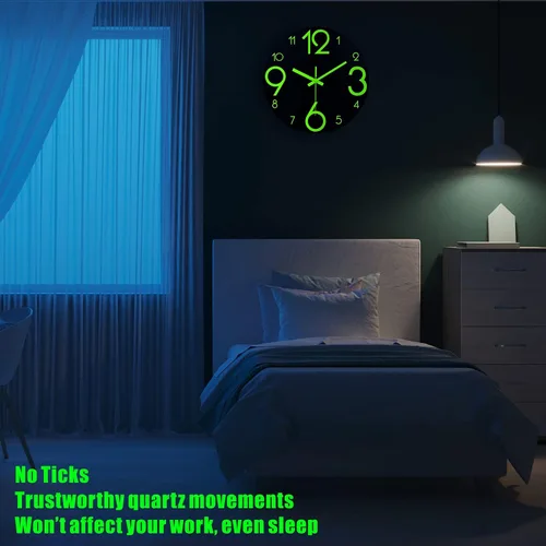 Miniatura 6 de Plumeet Reloj de pared luminoso, reloj de madera silencioso de 12 pulgadas sin tictac con luz nocturna, reloj de pared decorativo grande