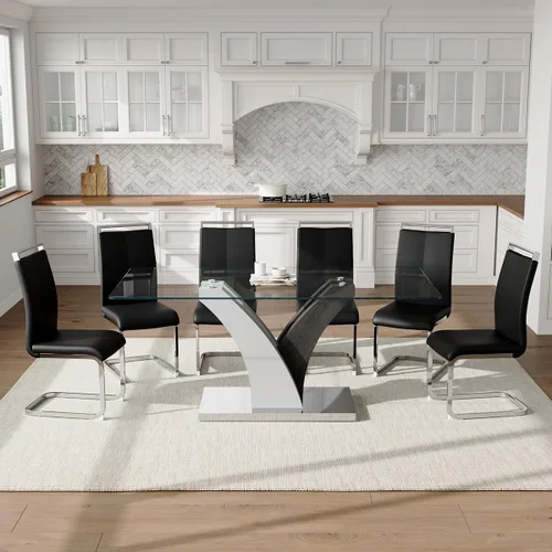 Miniatura 7 de Juego de mesa de comedor de cristal para 6, juego de mesa de cocina de 71 pulgadas para 6, juego de mesa de comedor grande con sillas de piel