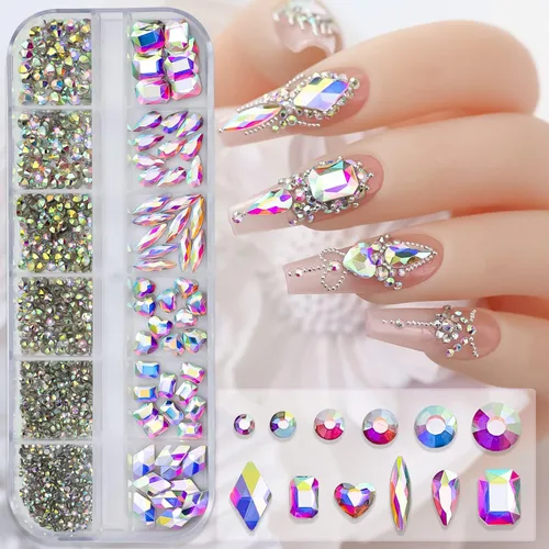 Miniatura 8 de Diamantes de imitación verdes para uñas, gemas de diamantes de imitación de cristal 3D, diamantes de imitación de parte trasera plana, varios