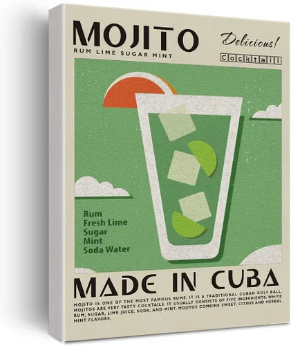 Divertida impresión en lienzo de cóctel Mojito Art Wall Painting Posters de 12 x 15 pulgadas, decoración moderna para el hogar, cocina, bar