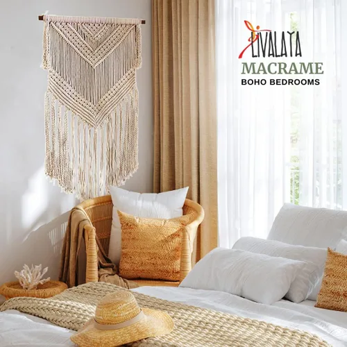 Miniatura 5 de Livalaya Tapiz bohemio tejido de macramé para colgar en la pared, color beige, 16 x 36 pulgadas, moderno tapiz bohemio para decoración de pared