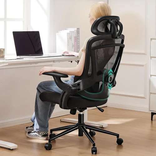 Miniatura 6 de DUMOS Silla de oficina ergonómica, reposacabezas ajustable y soporte lumbar, brazos abatibles, capacidad de 330 libras (negro clásico)
