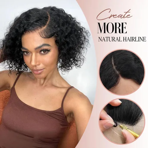 Miniatura 3 de WIGER Pelucas cortas con encaje frontal de cabello humano para mujeres, peluca corta rizada estilo Bob, peluca Pixie de encaje frontal negra, peluca