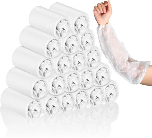 Xtinmee 300 fundas desechables de plástico, protectores de brazos, a granel, impermeables, con elástico en el puño, 15.7 pulgadas de largo (blanco)