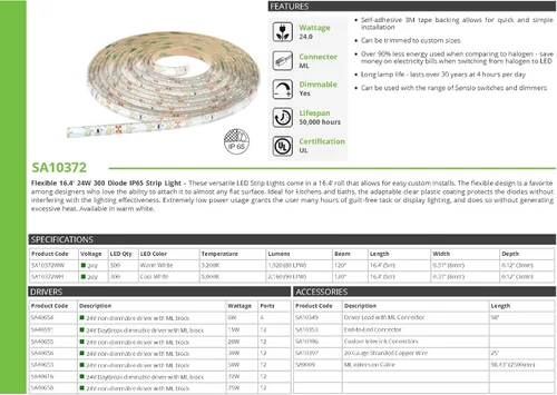 Miniatura 2 de Transolid SA10372WH Sensio LED 24V 24W 300D Ip65 Tira de luz flexible, 196.85 pulgadas, blanco cálido