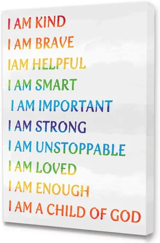Arte en Lienzo de Afirmación para Niños con Marco para Pared, Frase Inspiradora "I Am Kind I AM a Child of God" en Lienzo para Pared Listo para Sé