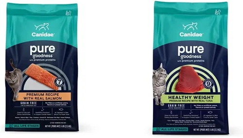 CANIDAE Pure Limited Ingredients Paquete de comida seca prémium para gatos, recetas de salmón y atún de peso saludable, 5 libras (paquete de 2), sin