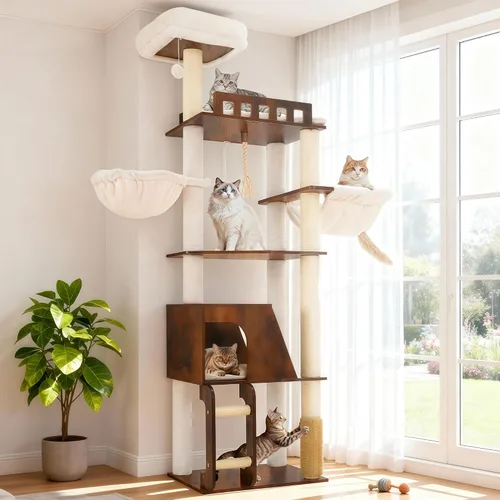 Miniatura 11 de Hey-brother Árbol de madera para gatos, torre de muebles para gatos de 69.7 pulgadas con plataformas grandes, hamacas, condominio espacioso, postes