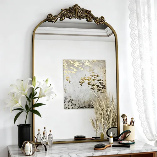 Miniatura 6 de Dewfig Espejo de pared arqueado antiguo, espejo de baño dorado vintage de 24 x 36 pulgadas, espejo de latón con marco de metal barroco para sala