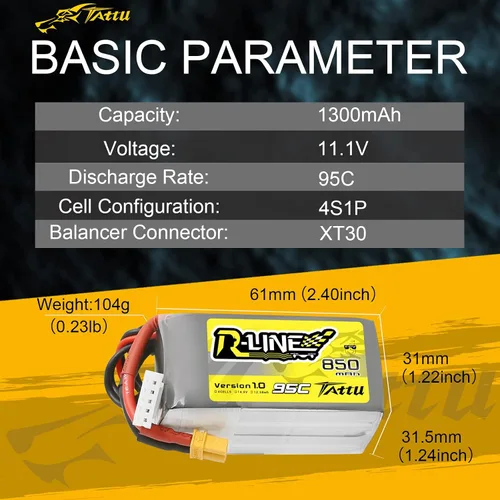 Miniatura 2 de Tattu Batería Lipo R-Line de 850mAh 4s 95C 14.8V con enchufe XT30