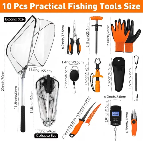 Miniatura 2 de RoundFunny Kit de herramientas de pesca de 10 piezas, alicates de pesca con cordón y fundas protectoras, salabre, cuchillo de filete, balanza