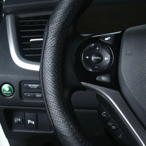 Miniatura 5 de QianBao Funda de cuero genuino para volante de automóvil, color negro para volantes de 13.5 a 14.2 pulgadas, absorbente de sudor (negro)