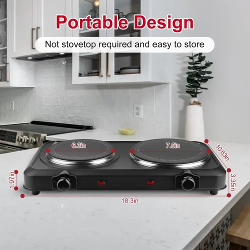 Miniatura 2 de Placa caliente de 1800 W, estufa eléctrica portátil para encimera, quemador infrarrojo de doble quemador con placa de cerámica de 7.5 y 6.3