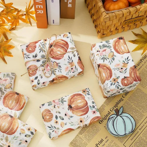Miniatura 5 de Whaline 100 piezas de papel de seda de otoño con estampado floral de calabaza, papel de regalo de flores vintage para cosecha de otoño, Acción