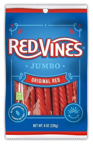 Red Vines Regaliz jumbo, sabor rojo original, bolsas de 8 onzas (paquete de 12), suaves y masticables dulces Twists