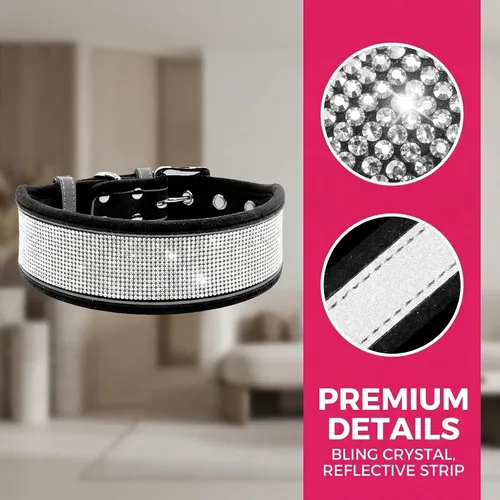 Miniatura 7 de Collar para perro con diamantes de imitación, deslumbrante y brillante ante suave, collar de perro grande reflectante con cristales para perros Negro