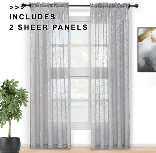 Miniatura 2 de FINECITY - Cortinas de plata traslúcidas de 45 pulgadas de largo - Cortinas impresas de ramas de árbol plateadas metálicas para ventana de cocina