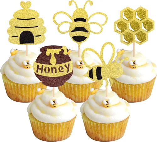 Miniatura 13 de Rsstarxi Paquete de 36 adornos para cupcakes Bee Oh Babee con purpurina Bumble Bee Oh Baby para cupcakes, decoración de pasteles de baby shower