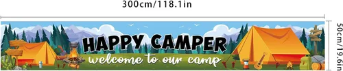Miniatura 5 de Cartel de fondo de Happy Camper con 118.1 x 19.6 pulgadas, tela de poliéster de tamaño largo, letrero de telón de fondo para camping, suministros