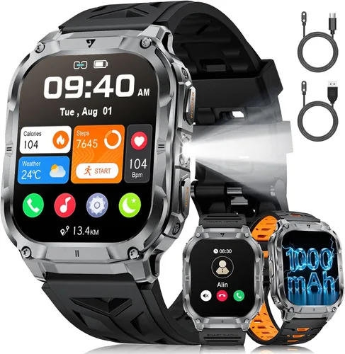 Reloj inteligente militar 2.0" para hombre con linterna, hacer/responder llamadas, 1000 mAh, IP68 impermeable, más de 100 modos deportivos,