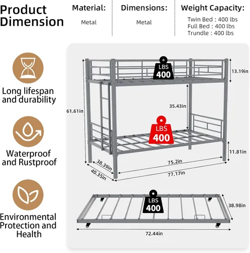 Miniatura 2 de GNIXUU Litera de metal individual sobre cama individual con nido, litera resistente con escaleras y barandilla de seguridad, marcos de cama Plateado