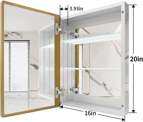 Miniatura 9 de Botiquín de baño de 16 x 20 pulgadas con espejo con marco dorado, gabinete de almacenamiento empotrado o de montaje en superficie, diseño rústico