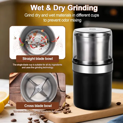 Miniatura 3 de Molinillo de especias, potente molinillo eléctrico de grano de café de 200 W con 2 cuencos de acero inoxidable extraíbles, capacidad de 3.53 oz