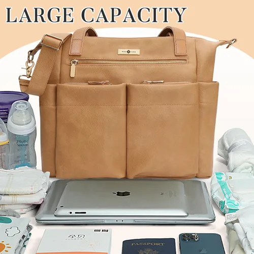 Miniatura 7 de miss fong Bolsa de pañales de cuero para bebé, mochila grande para pañales con 11 bolsillos cambiador, correas para cochecito, 4 bolsillos aislados