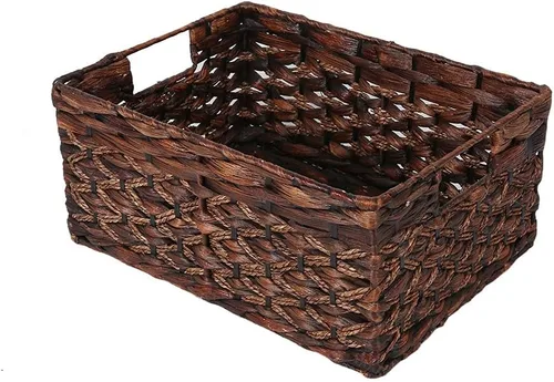 Miniatura 8 de Cesta rectangular tejida de jacinto de agua, cesta de almacenamiento oscura con asas interiores, estantes de cocina, escritorio de oficina