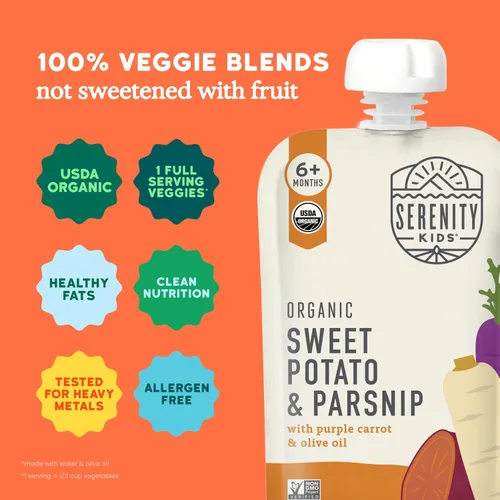 Miniatura 5 de Serenity Kids Bolsas de alimentos para bebés con puré vegetariano orgánico USDA de más de 6 meses, sin frutas azucaradas ni azúcar añadido, sin