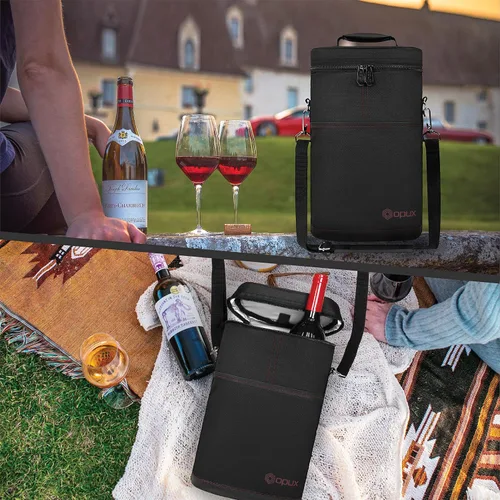 Miniatura 7 de opux - Bolsa de transporte para 2 botellas de vino, bolsa aislada y a prueba de fugas para vino, bolsa de vino para viajes, ideal para picnic, BYOB