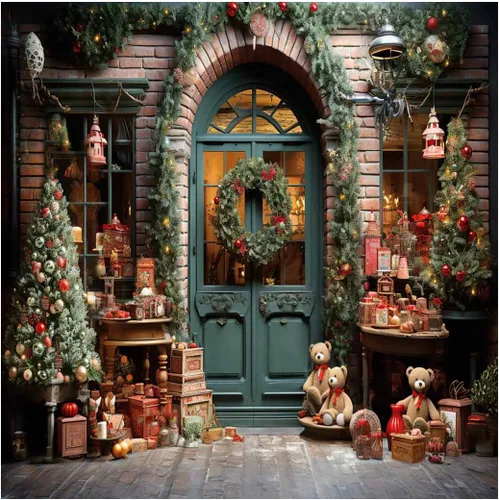 Miniatura 7 de Kate 7x5ft Patio Familiar Árbol de Navidad Decoración Fotografía Fondos de Casa de Ladrillo Puerta Frontal Caja Cuentas Oso Foto Fondo