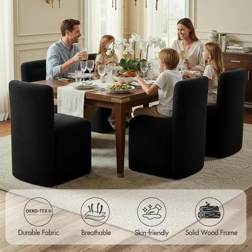 Miniatura 4 de Hyfirm Juego de 2 sillas de comedor tapizadas negras, sillas escandinavas Parsons sin brazos de tela Boucle con cojín de asiento de felpa