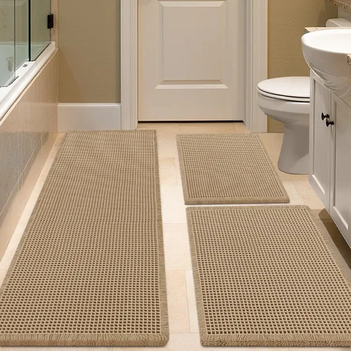 Miniatura 8 de IM HOME Tapete de baño de punto gofre, color caqui, de 24 x 17 pulgadas, tejido bohemio, moderno, absorbente, antideslizante, suave, lavable