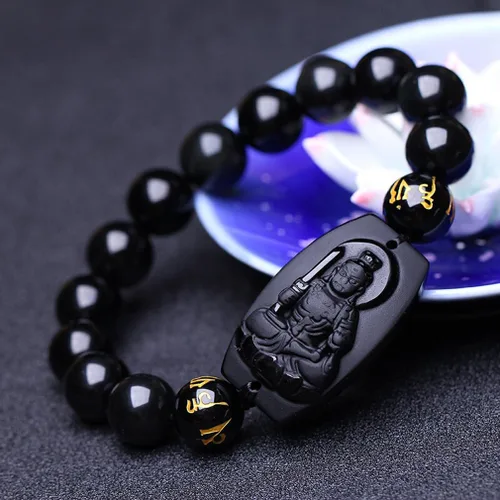Miniatura 4 de 100% obsidiana natural pura inamovible Bodhisattva Buda pulsera pulsera