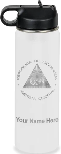Miniatura 73 de LaserGram Botella de agua personalizada, bandera de Nicaragua, acero inoxidable de doble pared aislada al vacío con popote superior, regalo grabado