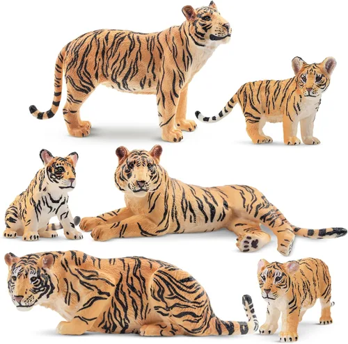 Toymany 6 figuras realistas de tigres con cachorros de tigre, juego familiar de figuras de animales de la selva de 2-6", decoraciones educativas