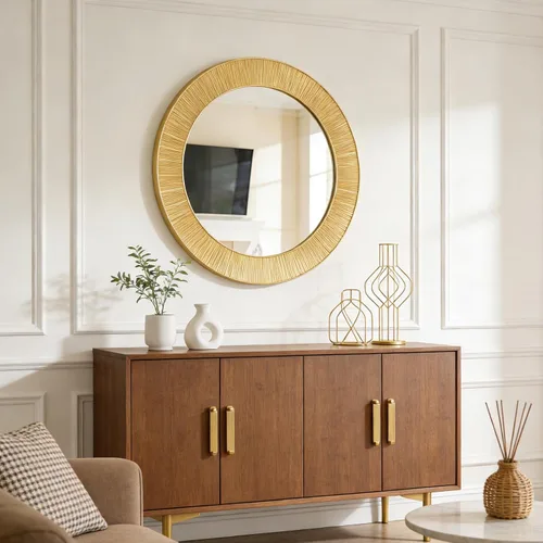 Miniatura 4 de Espejo de pared dorado redondo grande – Espejo de marco de diseño acanalado texturizado de 31 pulgadas, moderno espejo de acento de rayos solares