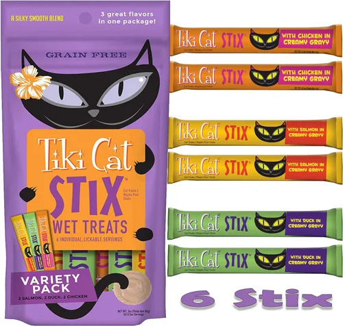Miniatura 2 de Tiki Cat Stix - Golosinas húmedas sin granos, mezcla suave y sedosa en salsa cremosa, pollo, salmón y pato con toallitas para mascotas de 10