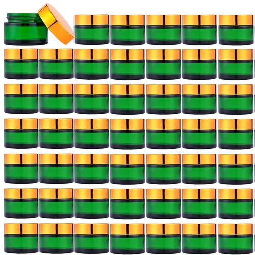 Miniatura 12 de 2oz Frasco de vidrio ámbar de tamaño para viajes, 4 piezas de envases vacíos para loción cosmética con tapa negra y espátula, frasco mini pequeño
