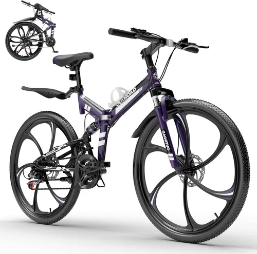 Miniatura 13 de Max4out Bicicleta de montaña plegable de 26 pulgadas, bicicleta de suspensión completa de 21 velocidades, freno de doble disco, neumático