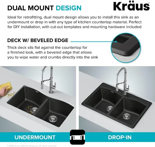 Miniatura 7 de Kraus Forteza - Fregadero de cocina de doble seno 50/50 de granito de instalación empotrada/sobre encimera, 33 pulgadas, color negro (KGD-52BLACK)