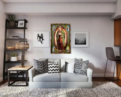 Miniatura 3 de Mrcjsales: imagen de Nuestra Señora de Guadalupe con imágenes en la esquina en marco rústico, pintura al óleo, 24 x 36 pulgadas, 13 x 18 pulgadas
